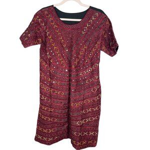 Vintage Indian Traditional Embroidered Tunic M Red Mirror Colorful Boho Tribal